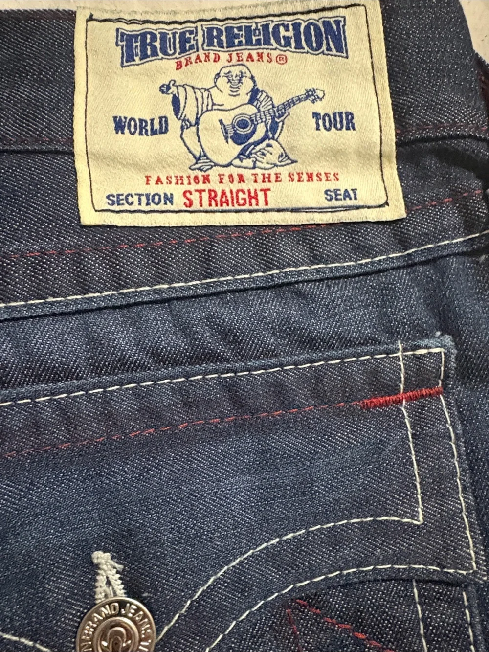 True Religion Men's Indigo Straight Jeans with Red Stitching